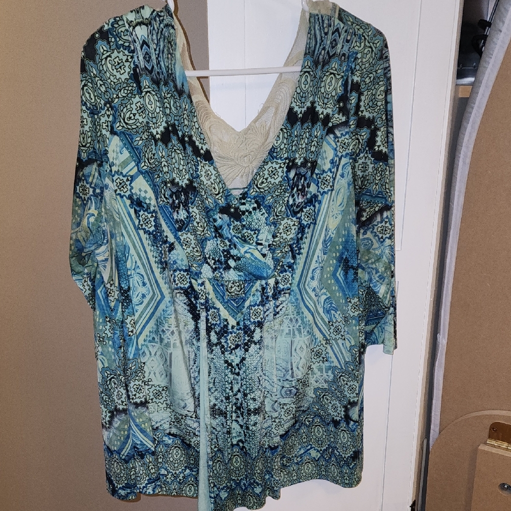 Avenue Blue Green Asymmetrical 3/4 Sleeve Blouse